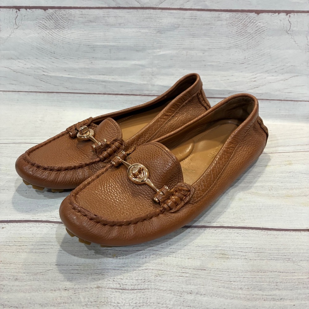 Coach Arlene Driver Loafers Womens 6.5B Tan Pebbled Leather Turnlock Flats